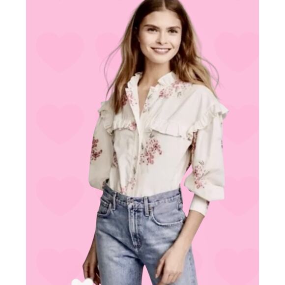 Rebecca Taylor Maia Ivory & Pink Floral Ruffled Victorian Cotton Blouse Sz 10 L - Picture 11 of 12